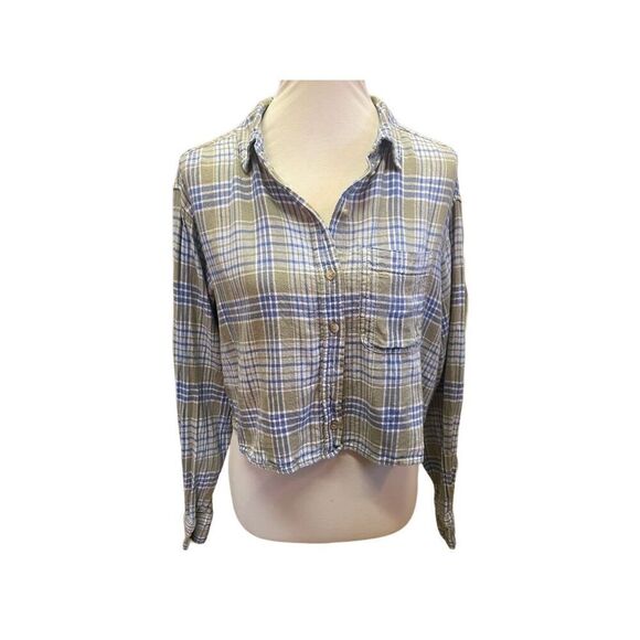 American Eagle Outfitters Blue/Green/White Plaid Long Sleeve Button Down Linen B - Picture 11 of 12